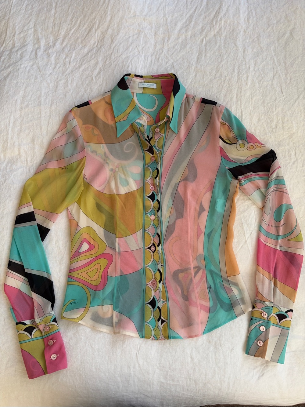 Vintage Emilio Pucci Silk Print Button Down Up Shirt Top Pink Aqua Blue y2k
